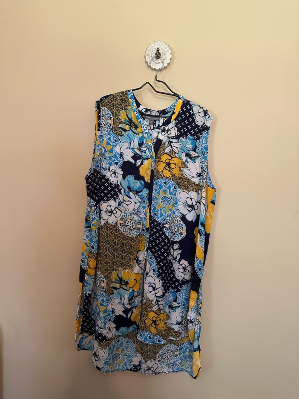 Jessica London Navy Floral Patchwork Long Tunic with Yellow Accents